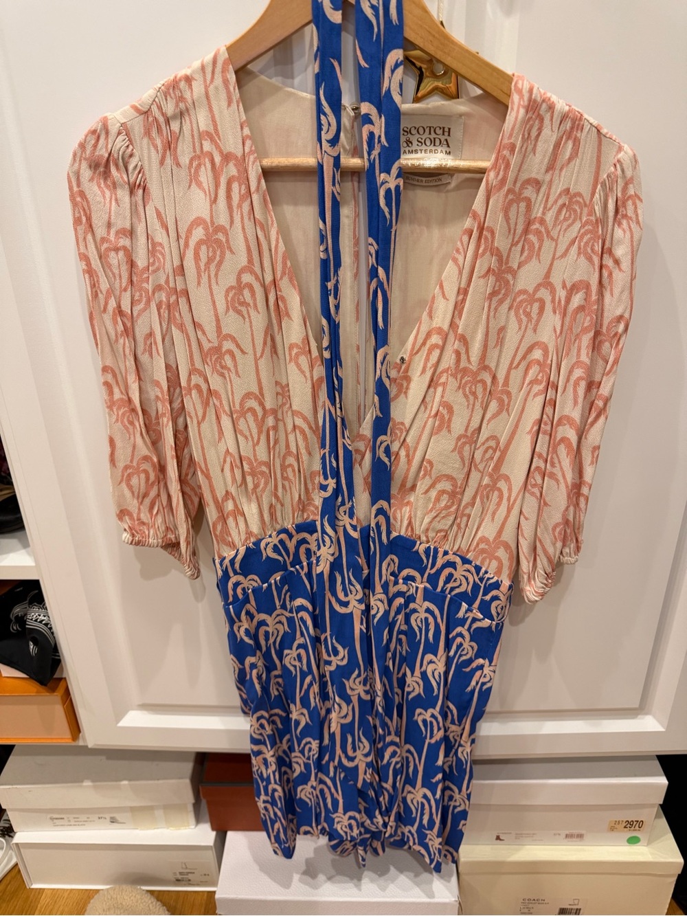 Scotch & Soda Two-Tone V-Neck Romper in Coral Print and Blue